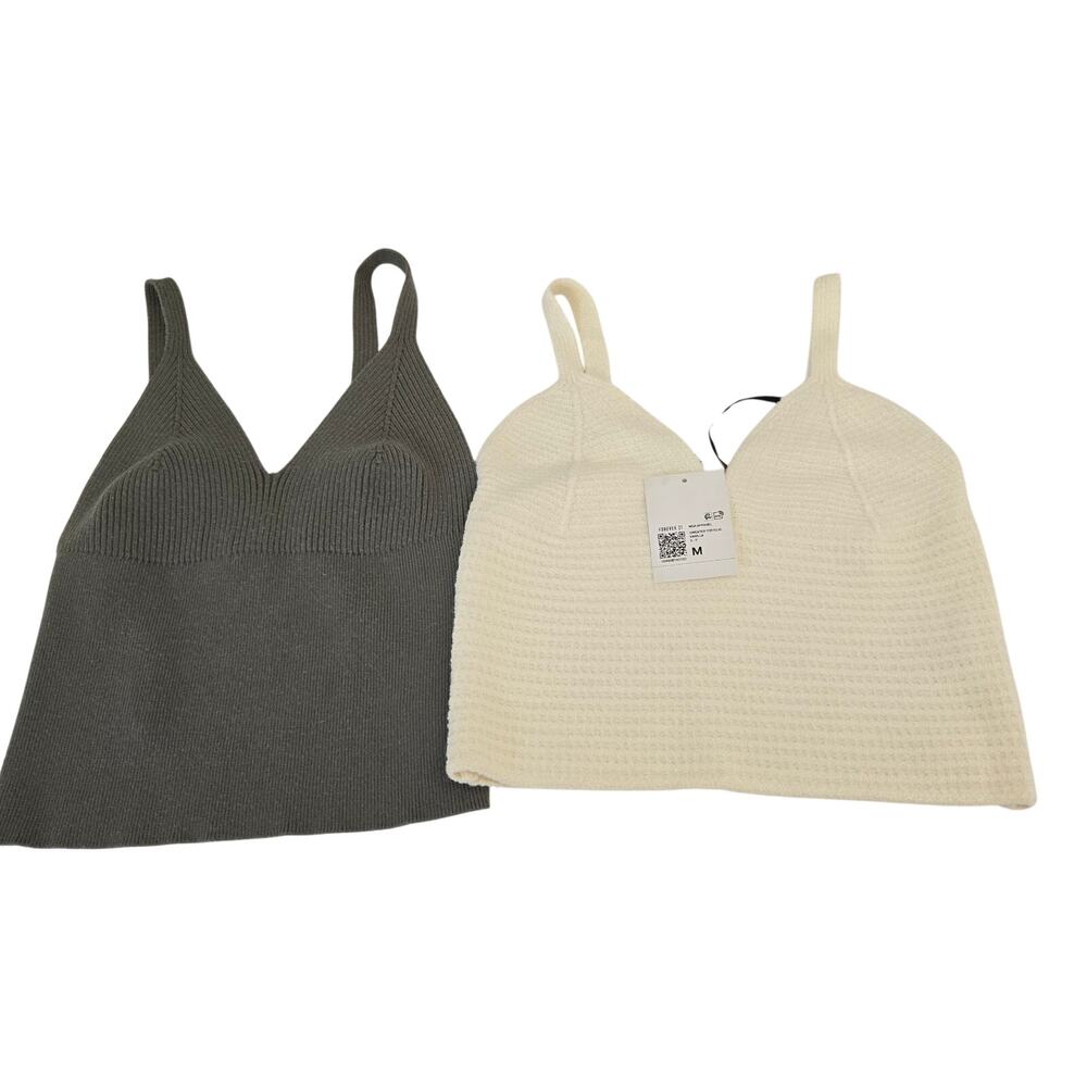 Lot of 2 NWT Y2K Cropped Knit Cream & Olive Green Balletcore Tank Tops Size Med